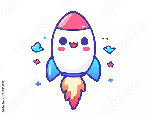 Cute cartoon rocket icon, simple flat illustration style, white background, colorful, vector graphics, colorful solid color blocks