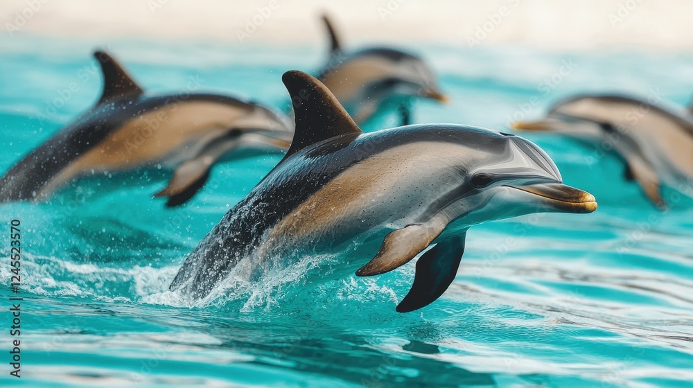 Naklejka premium Dolphins Leaping Out of Aquamarine Ocean Water in Natural Habitat