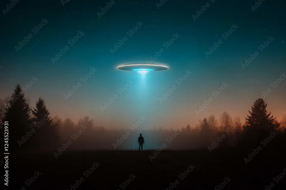 Fototapeta premium Ethereal Sci-Fi Aesthetic Solo Silhouette in Fog with UFOs Blue Luminescence - Spring Alien Abduction Day and Seasonal Night Sky for Digital Storytelling