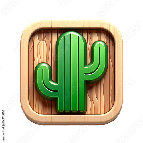 3d green cactus icon with wooden texture isolated on white background