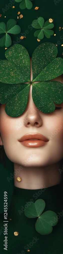 Glam St. Patricks Day Chic Green Clover with Radiant Smile and Gold Sparkles - Fashion and Seasonal Marketing for Womens Lifestyle Campaigns Glam St. Patricks Day Chic Green Clover with Radiant Smile and Gold Sparkles - Fashion and Seasonal Marketing for Womens Lifestyle Campaigns