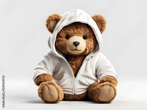 Close-up of a soft, plush teddy bear with warm brown fur and a cozy white hoodie. The focus is on the bear's gentle expression and the texture of its fur.