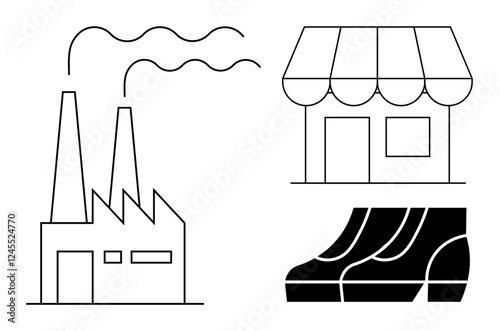 Industrial factory with smokestacks, storefront with awning, and black boots. Ideal for themes including manufacturing, retail, fashion, economy, production small business supply chain. Minimalist