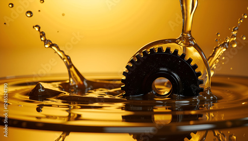 Wallpaper Mural Gear in oil with golden liquid splash - Lubrication and automotive engineering promotion Torontodigital.ca