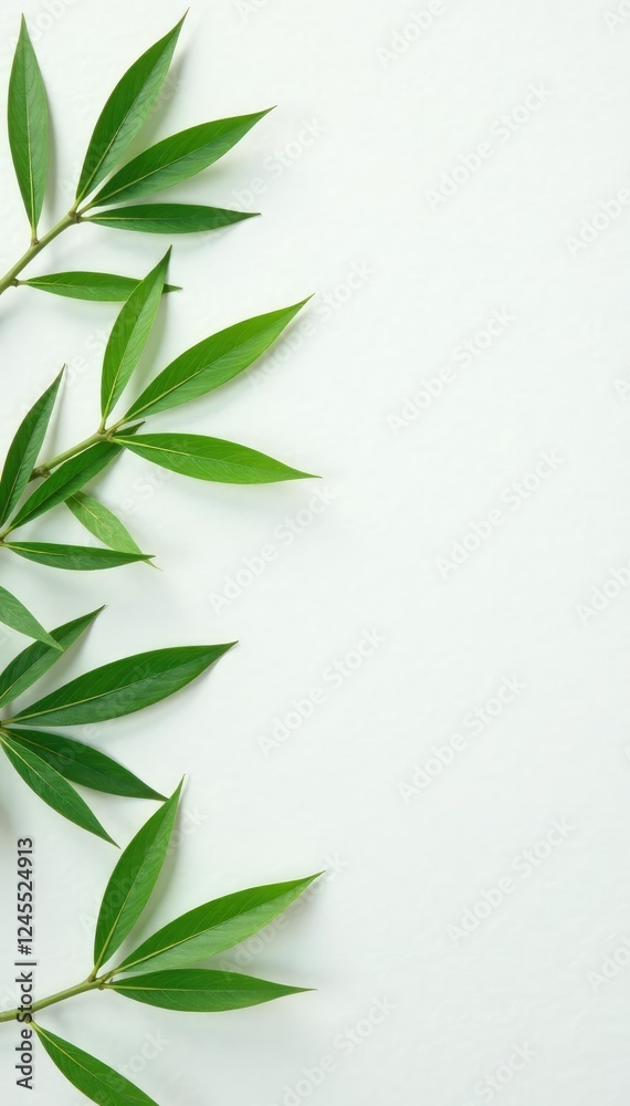 Delicate bamboo leaves scattered on a pristine white surface, texture, nature, serene Delicate bamboo leaves scattered on a pristine white surface, texture, nature, serene