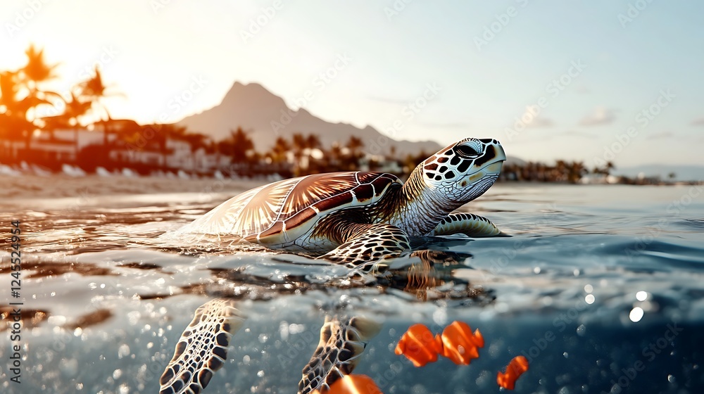 A serene sea turtle swimming gracefully in clear waters, with a vibrant sunset and distant mountains A serene sea turtle swimming gracefully in clear waters, with a vibrant sunset and distant mountains