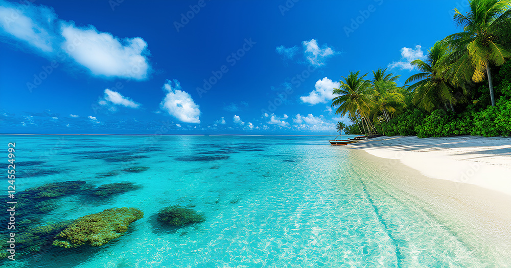 Fototapeta premium Pristine Tropical Beach Paradise with Turquoise Water and Palm Trees
