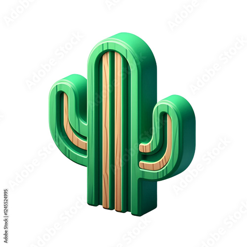 3d green cactus icon with wooden texture isolated on white background