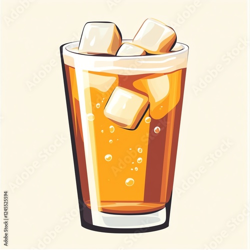 A Glass of Dark Iced Beverage with Ice Cubes against a Light Background