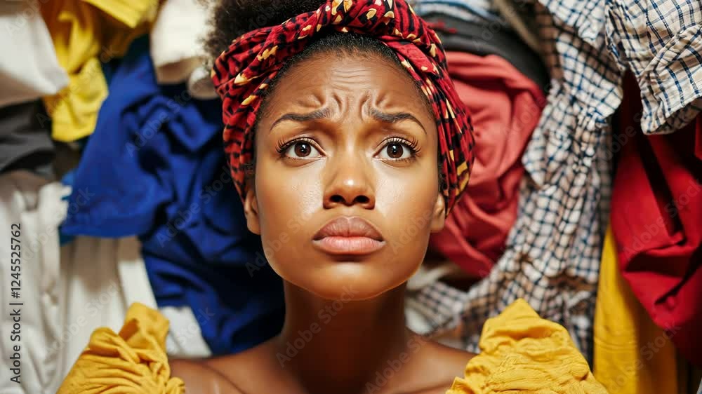Confused woman amidst colorful laundry pile looks up in wonderment Confused woman amidst colorful laundry pile looks up in wonderment
