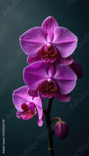 Dark orchid blooms with violet dots against muted grey background, botanical, darkbackground, purplegrapes photo