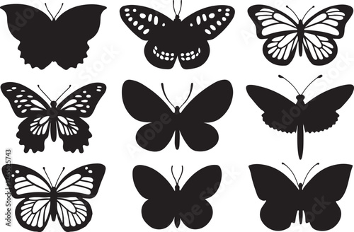 A set of butterfly silhouette vectors and illustrations. Monarch butterfly flat black color silhouette on a white background.