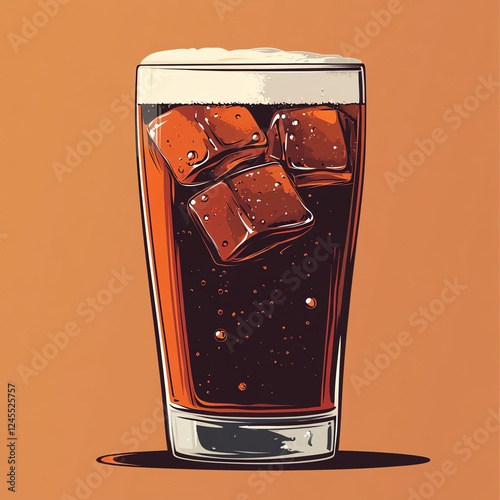A Glass of Dark Soda with Ice Cubes on a Warm Orange Background