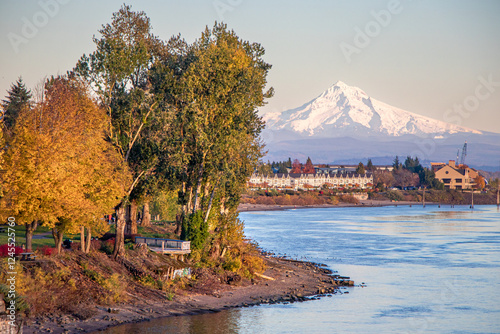 Vancouver Waterfront, Columbia River, and Mt. Hood in the distance - Vancouver, Washington, USA