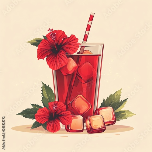 A Refreshing Red Beverage with Ice Cubes and Hibiscus Flowers in a Decorative Glass