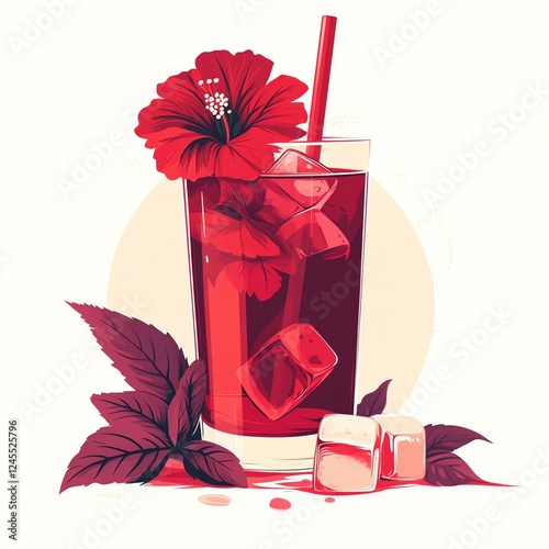 A Refreshing Red Beverage with Ice Cubes and Hibiscus Flowers in a Decorative Glass