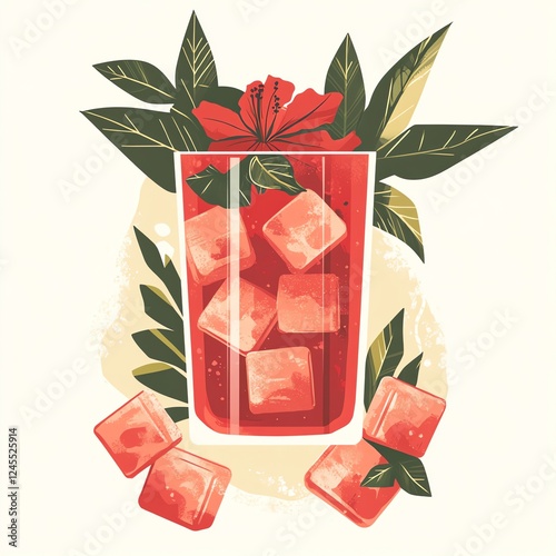 Glass of Red Beverage with Ice Cubes and Decorative Red Flowers on a Light Background