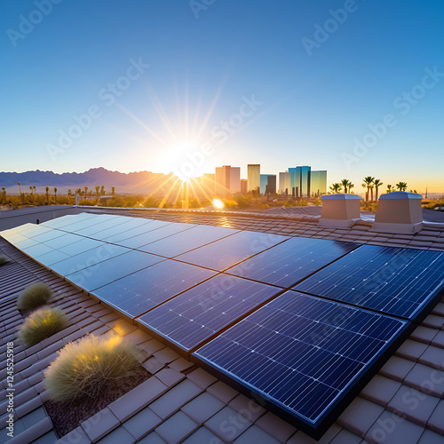 Modern Solar Panels installed on a las vegas home under clear blue sunny, solar photography, solar powered clean energy,
