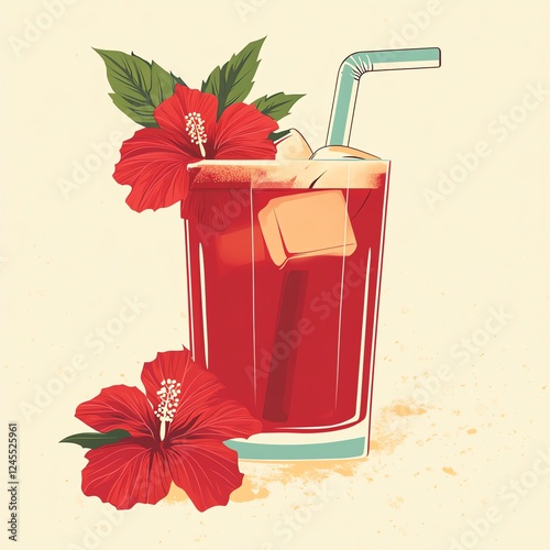 Glass of Red Beverage with Ice Cubes and Decorative Red Flowers on a Light Background