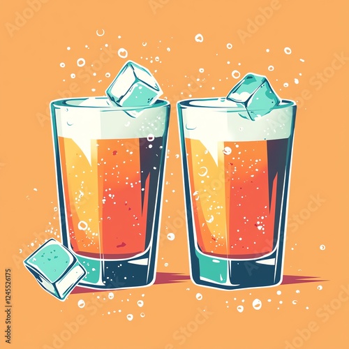 Two Glasses of Frothy Orange Beverages with Ice Cubes and Bubbles on an Orange Background