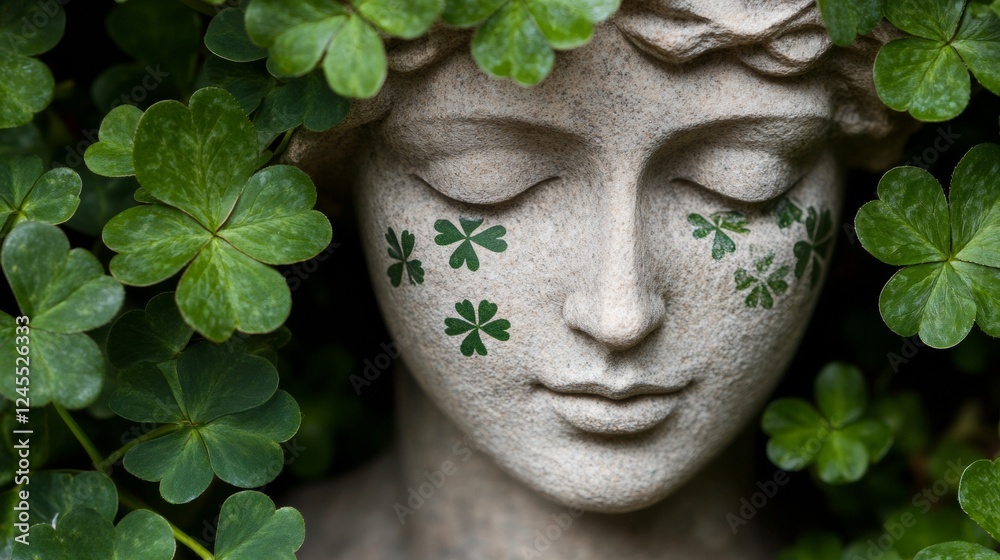 Obraz premium Celtic-Inspired St. Patricks Day Sculpture Shamrock-Styled Goddess Face in Textured Stone for Spring Decor and Retail Display Design