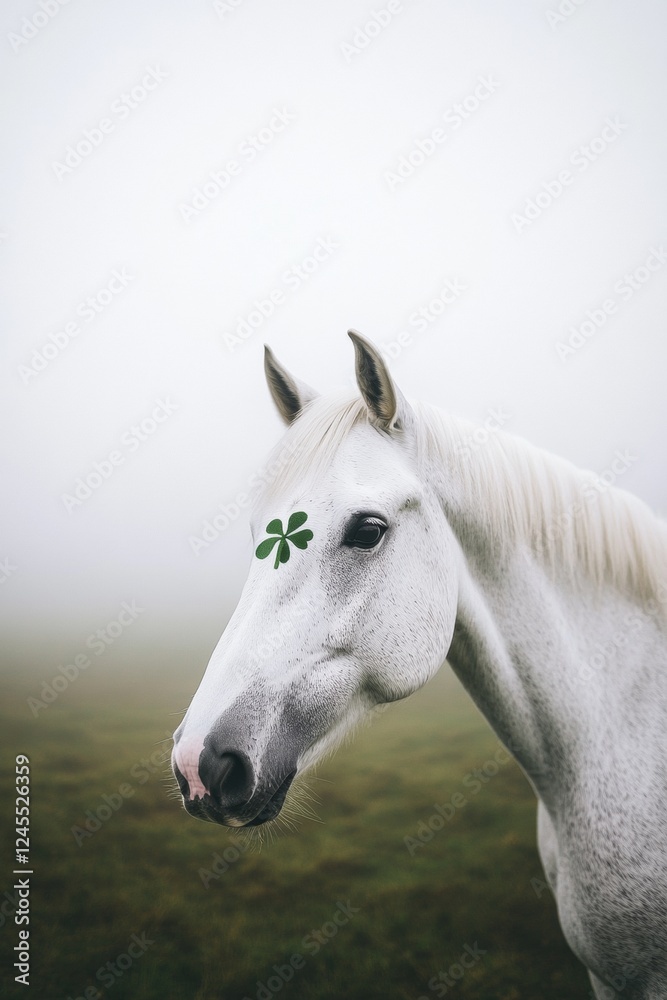 Fototapeta premium Whimsical St. Patricks Day Elegant White Horse with Shamrock Patterns in Foggy Meadow - Spring Decor and Festive Marketing for Seasonal Event Planning