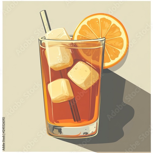 Glass of Iced Tea with Orange Slice and Straw on White Background