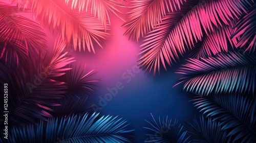 Neon pink and blue palm leaves frame.