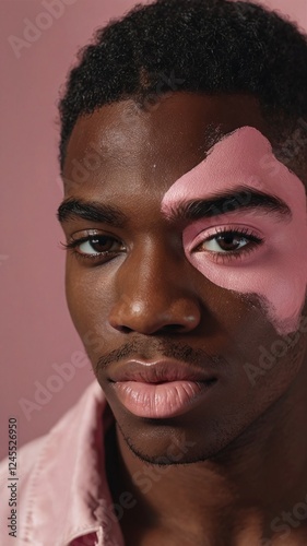 Male makeup look. close-up portrait half of black young man with pink eyeshadow make-up. black american feminine womanlike guy confidently looking at camera. models, beauty, fashion concept