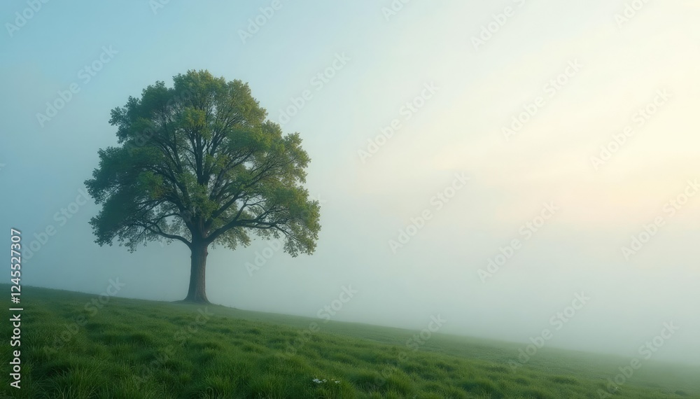 Fototapeta premium A thick layer of fog wraps around a solitary tree, natural scenery, peaceful, isolated