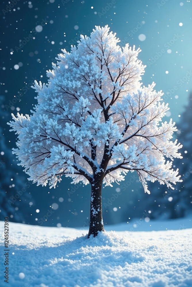 A stunning snow-covered tree with a few snowflakes gently falling around it, wintry scene, snowy scenery A stunning snow-covered tree with a few snowflakes gently falling around it, wintry scene, snowy scenery