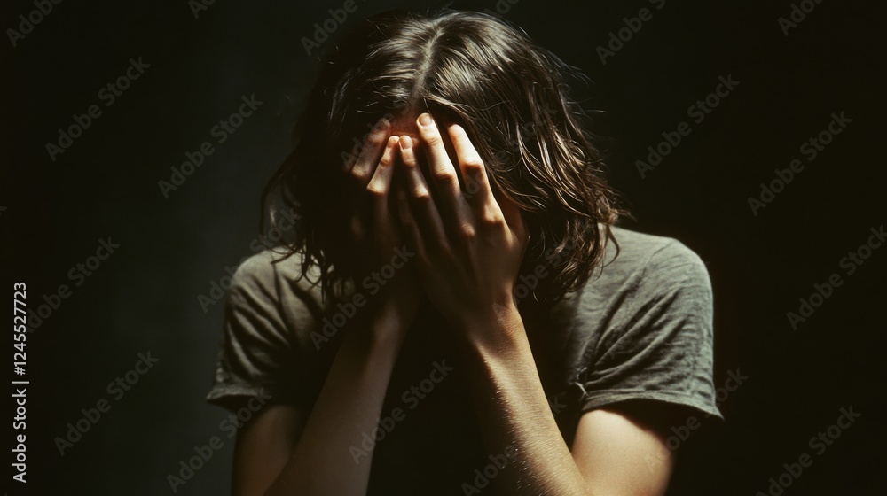 Emotional portrait in dark setting, hands covering face in distress, dramatic shadow photography, soft rim lighting, grey casual attire, long brown hair, intimate psychological study Emotional portrait in dark setting, hands covering face in distress, dramatic shadow photography, soft rim lighting, grey casual attire, long brown hair, intimate psychological study