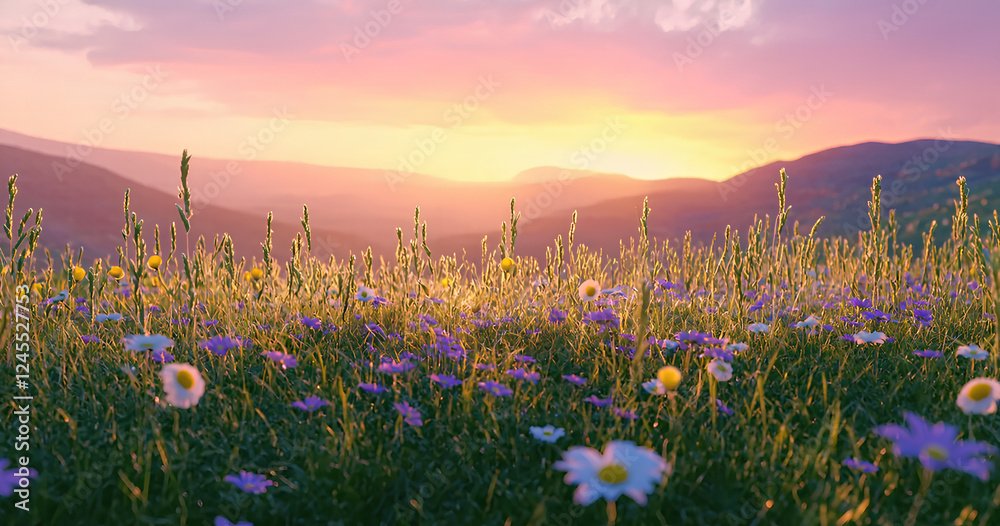 Naklejka premium Lush wildflowers in a meadow at sunset, mountain backdrop 