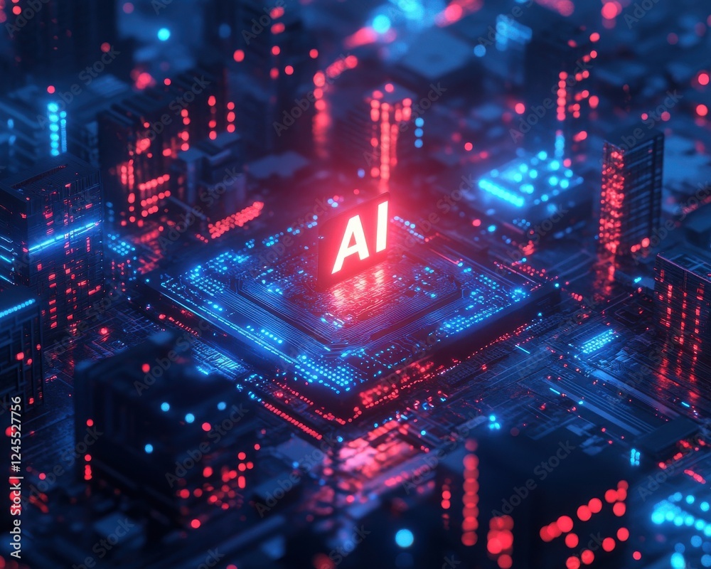 Obraz premium Futuristic depiction of artificial intelligence technology within a digital cityscape featuring glowing circuits and vibrant neon colors