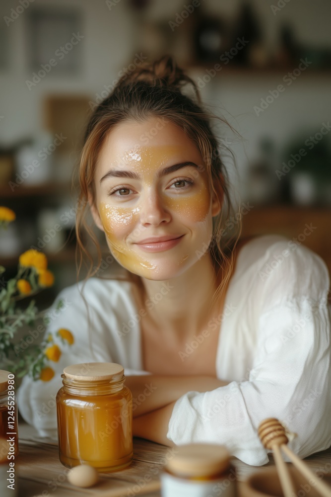 A serene portrait of a woman with a thin layer of honey applied to her face, smiling gently. A serene portrait of a woman with a thin layer of honey applied to her face, smiling gently.