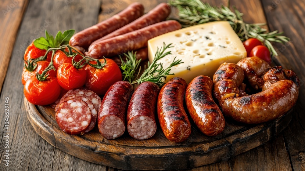 Food Background. Mushrooms, cheese, sausages, tomatoes, vegetables. Top view. On a wooden background. Free copy space. Food Background. Mushrooms, cheese, sausages, tomatoes, vegetables. Top view. On a wooden background. Free copy space.