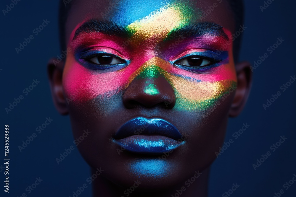 A striking close-up portrait of a model with vivid, multicolored face paint, each hue blending seamlessly into the next. A striking close-up portrait of a model with vivid, multicolored face paint, each hue blending seamlessly into the next.