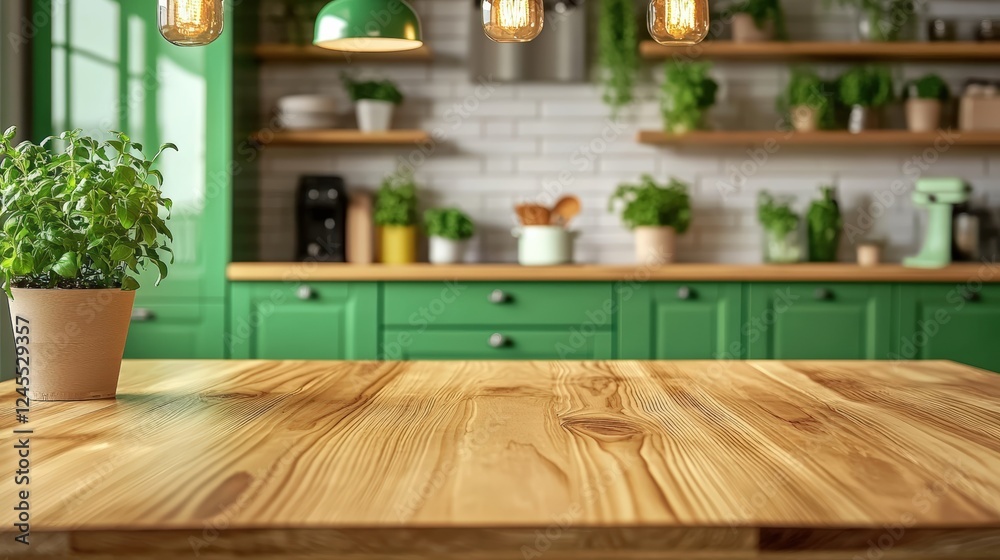 Cozy wooden table top in a beautifully designed green kitchen interior, featuring potted plants and modern lighting fixtures for a serene atmosphere