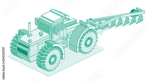 Isometric tractor with plow isolated on white background. Outline object. Large modern agricultural tractor.