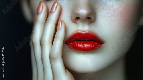 extreme close up portrait, closed eye expression, hand covering face, pale skin texture, soft natural lighting, moody dark background, coral lips, emotional portrait photography photo