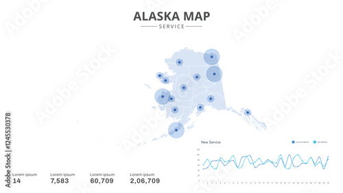 Service centers are highlighted within the of Alaska Infographic map. Business Infographic Map of Alaska. Vector Map of a Alaska map. Easy to edit