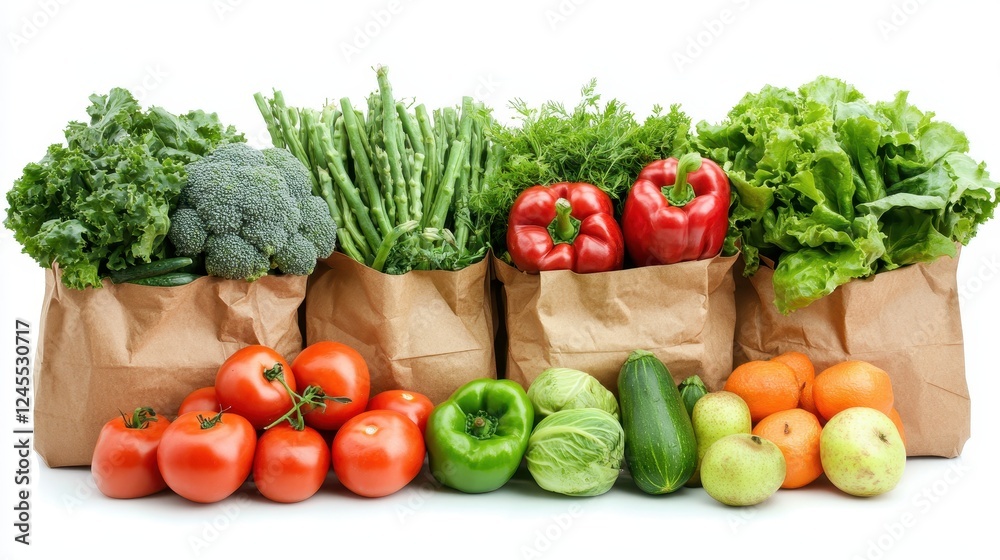 Healthy food background. Healthy food in paper bag vegetables an d fruits on white. Food delivery, shopping food supermarket concept Healthy food background. Healthy food in paper bag vegetables an d fruits on white. Food delivery, shopping food supermarket concept
