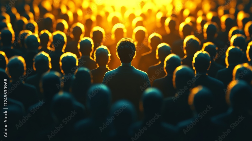 Fototapeta premium crowd of people silhouette going to the yellow lights