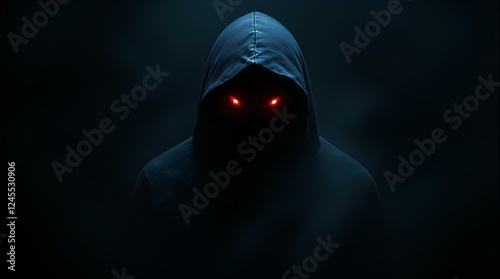 A cloaked figure stands silently in darkness, shrouded in shadow with bright red eyes glowing menacingly, creating an eerie atmosphere during late evening.