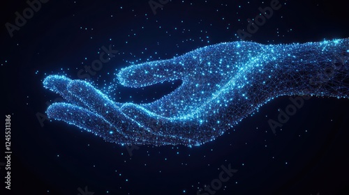 Glowing digital hand offering light particles. (2)