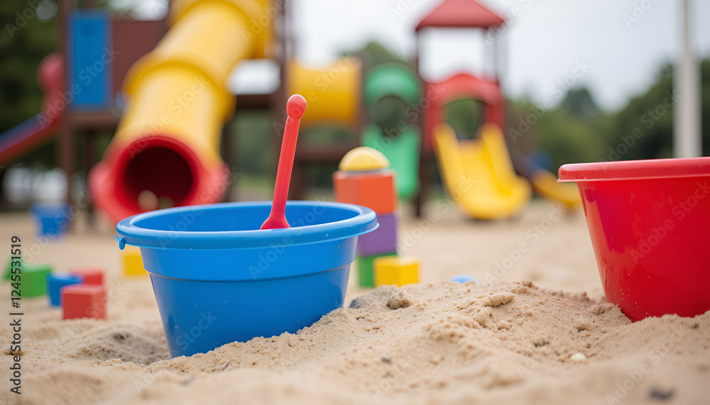 Pails and colorful blocks on a sandy playground - Childhood joy and creative sand play Pails and colorful blocks on a sandy playground - Childhood joy and creative sand play