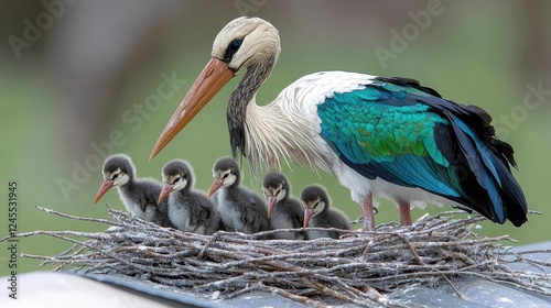 Majestic Stork with Chicks in Nest: A Stunning Wildlife Photography.  A breathtaking image capturing a vibrant stork protecting its young in a meticulously crafted nest.