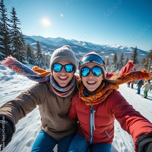 happy young couple in winter, Fast and Free Skiers, Laughing Through the Snow