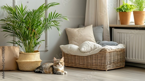 Cozy and inviting living room interior with lush green potted plants wicker basket plush pillows and cushions on a comfortable sofa creating a warm and harmonious atmosphere
