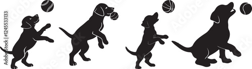 Baby dogs playing silhouette with ball, black color dog symbol vector and illustration design.